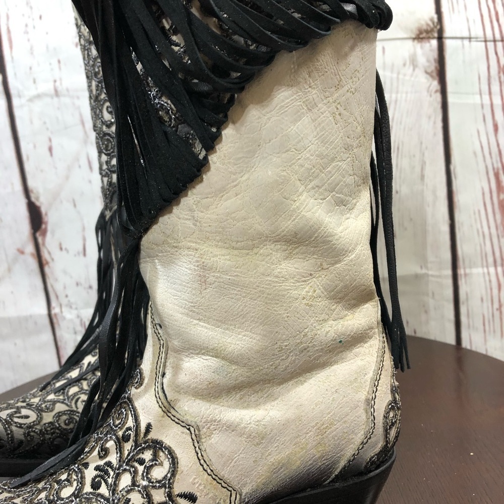 CORRAL handcrafted Fringe Embroidered Western Women’s Boot - Black and Cream 7 - Picture 6 of 16